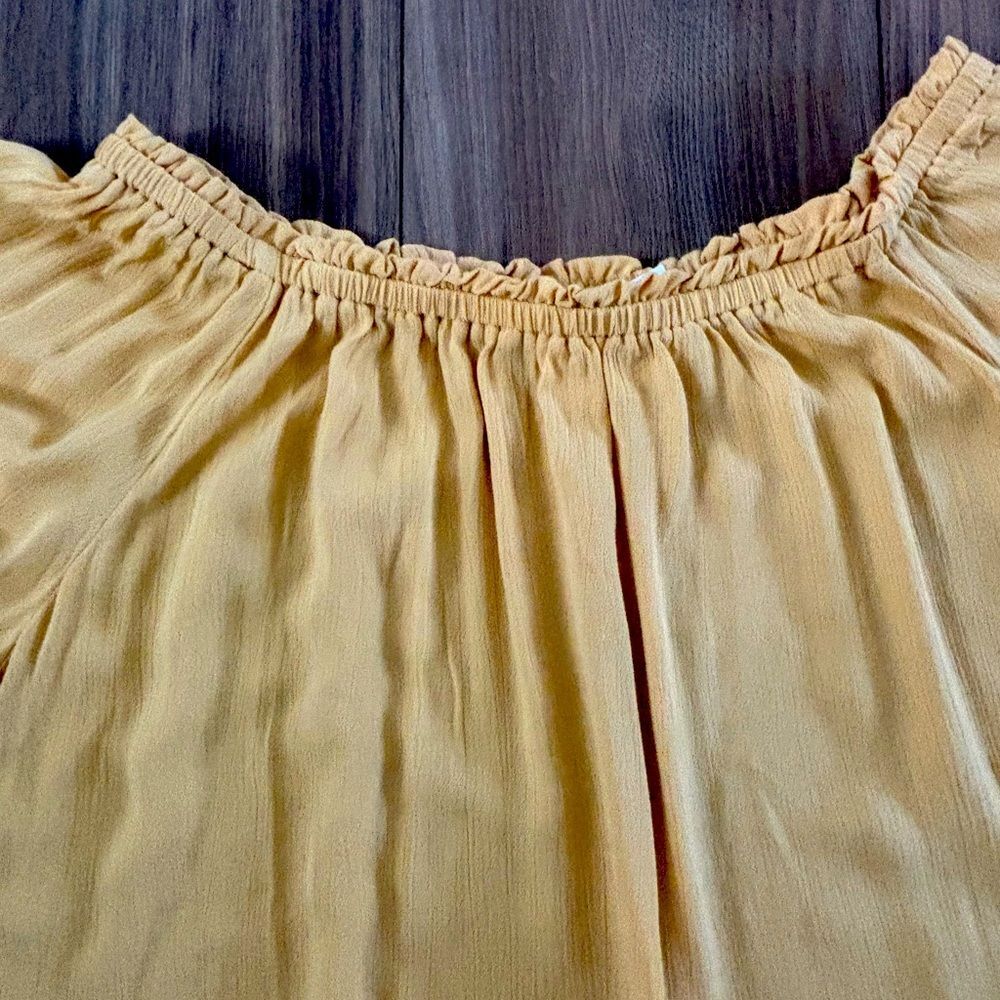 Boho Off Shoulder Tie Sleeve Mustard Yellow Top - Picture 2 of 9